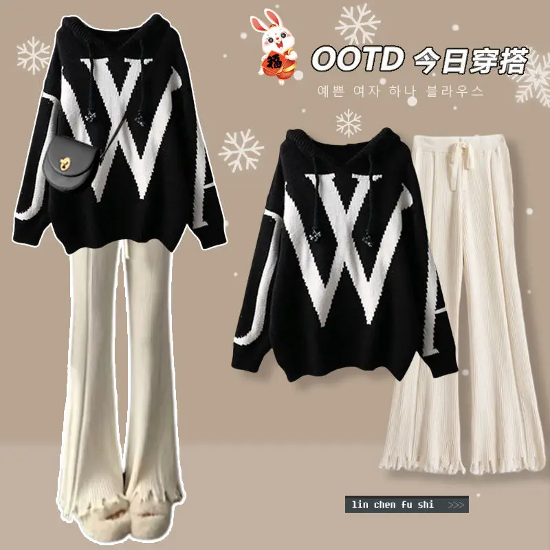 Spring Gentle Style Women's 2023 New Korean Versatile Hooded Sweater Slim High Waist Knitted Pants Two Piece Set