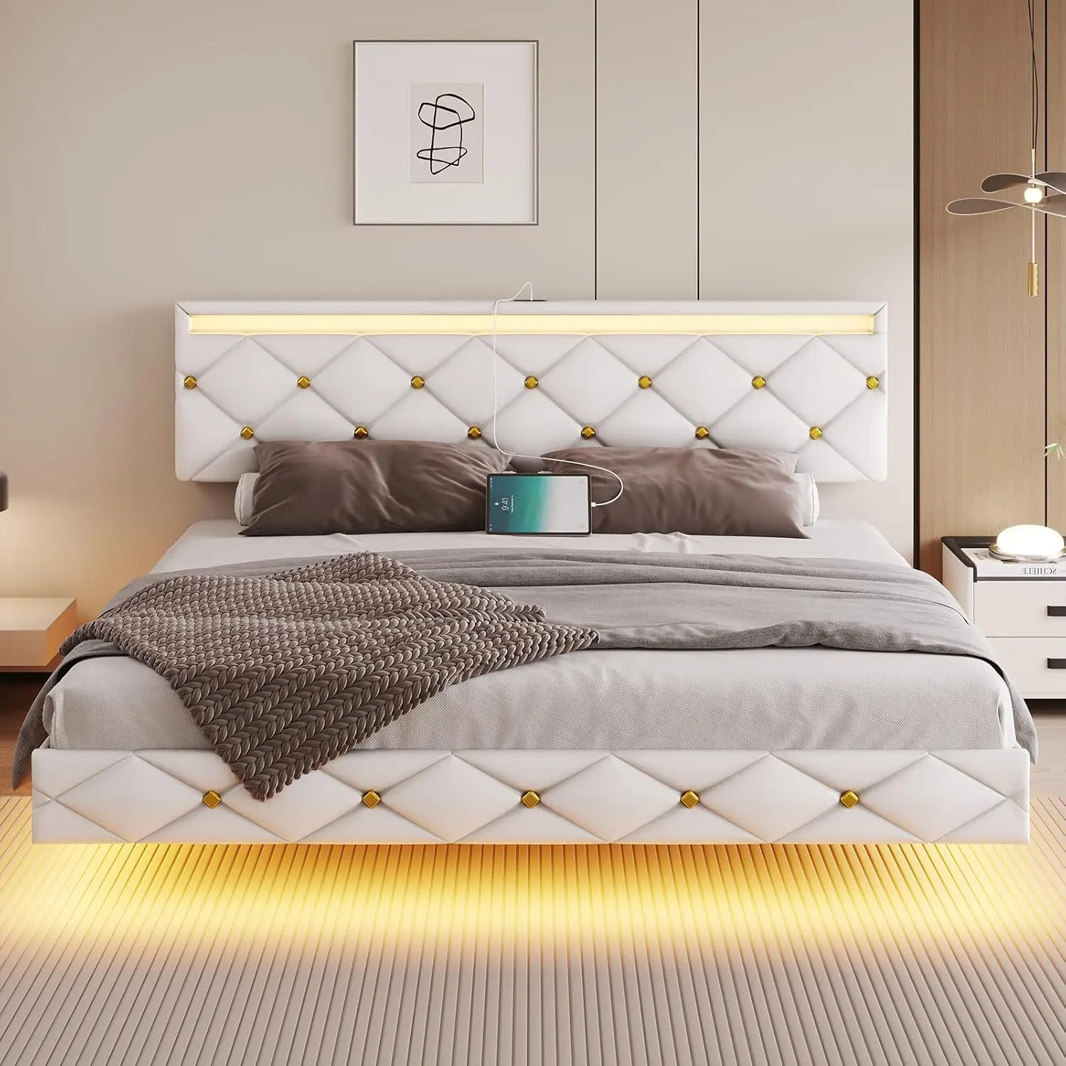 Floating King Bed Frame with LED Lights and USB Ports Modern Upholstered Platform LED Bed Frame King Size,White 3