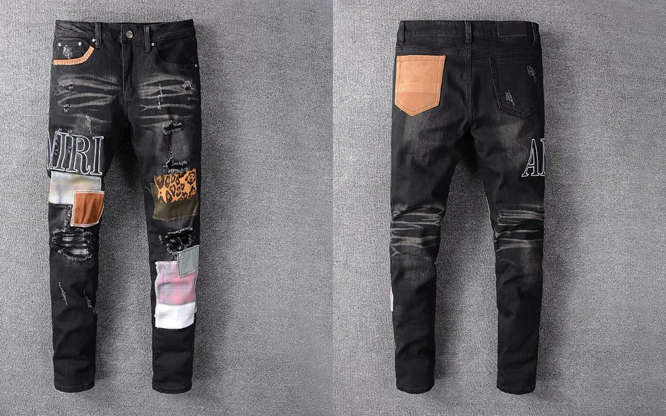 Men's Young Black Patchwork Slim Skinny Jeans Street Ripped Stretch Denim Pencil Pants Ripped Pants regular jeans