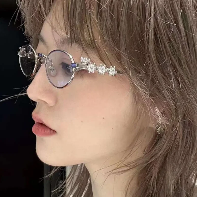 

Rhinestone Oval Metal Frame Glasses Women Men Retro Punk Anti Blue Light Eyewear Exquisite Fashion Reading Seaside Spectacles