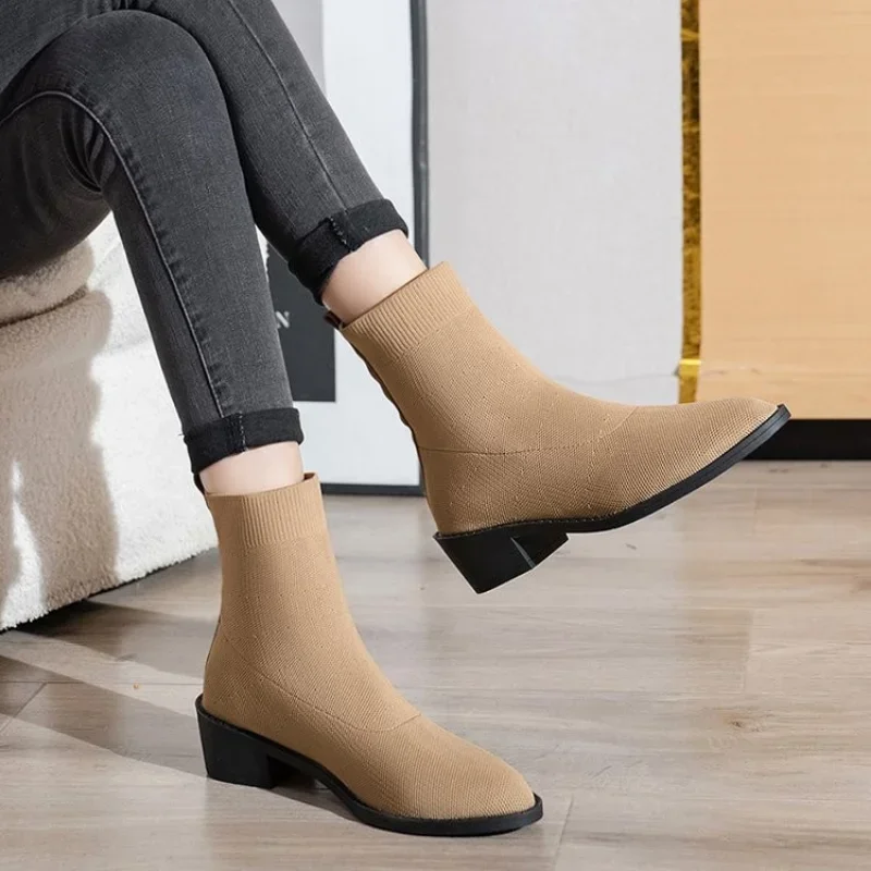 2023 Ankle Boots for Women Autumn Fashion Pointed Toe Women's Boots Comfort Low Heel Elastic Fabric Socks Boots Zapatos De Mujer