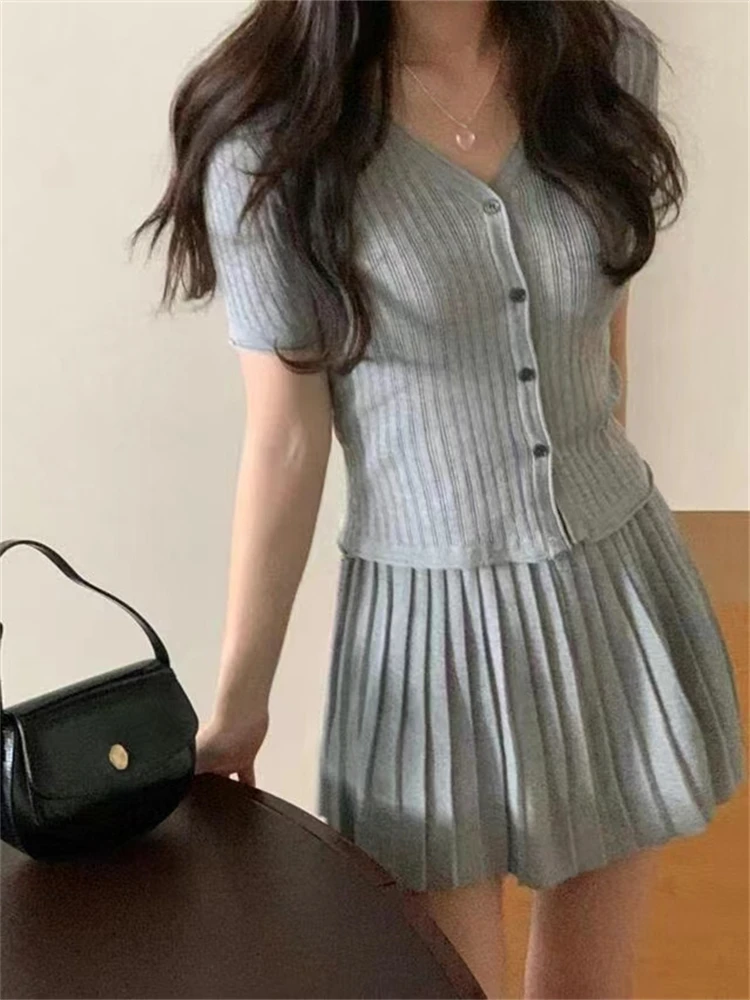 Women Sweater Summer 2 Piece Sets Elegnat Knitted Suits Female Sweaters Vintage Womens Skirt High Waist Summer Vintage Vestidos
