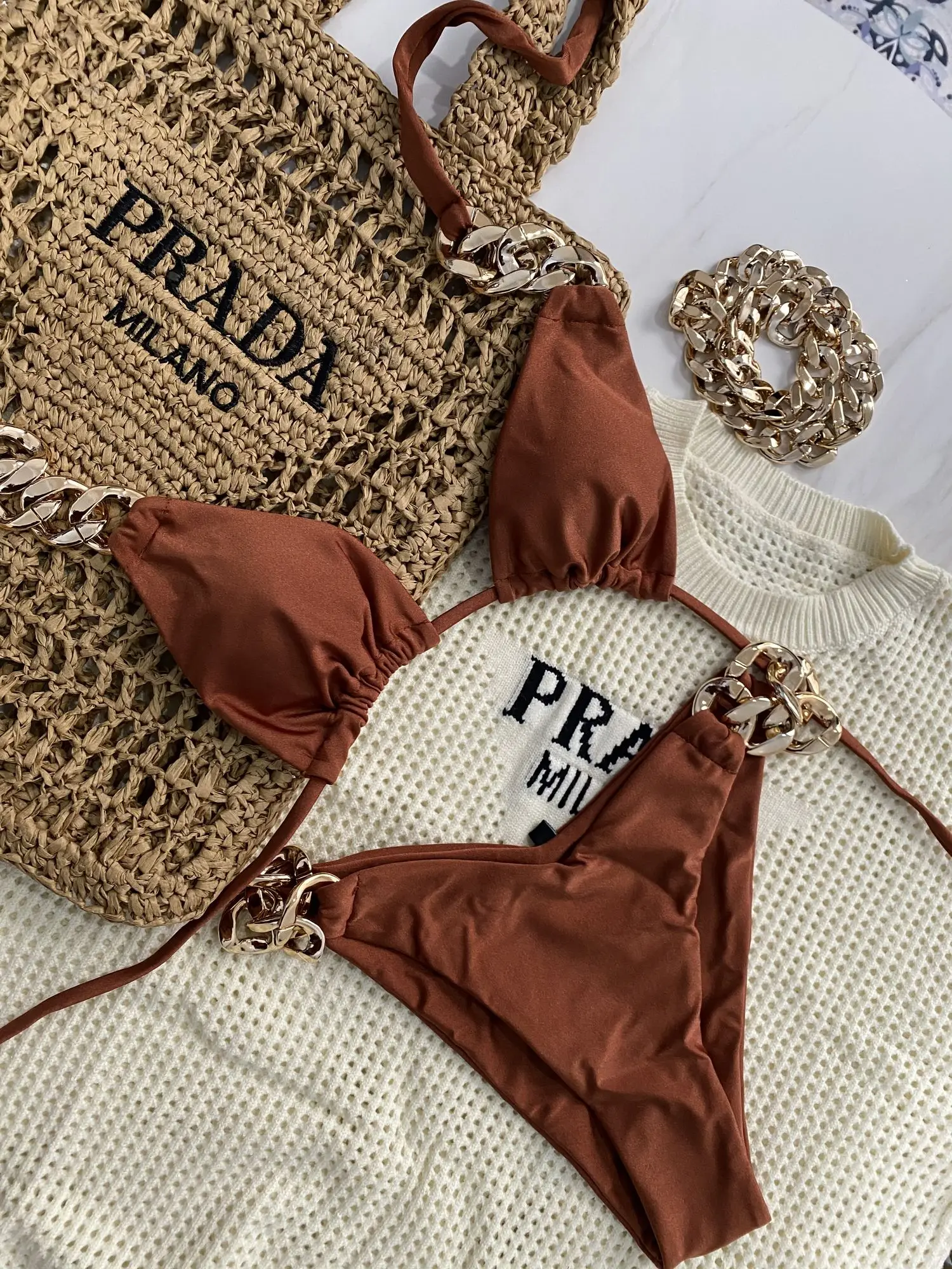 New Fashion Thickness Metal Chain Swimsuit Set Sexy Summer Beach Bikini Swimwear Women Luxury Bikini Set