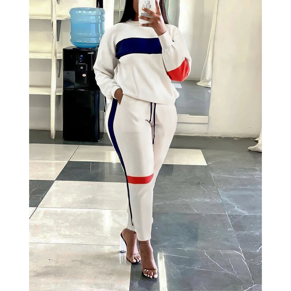 

2023 Autumn Women Striped Colorblock Long Sleeve Top & Drawstring Pants Set Femme Casual Two Pieces Tracksuit Set Sportswear