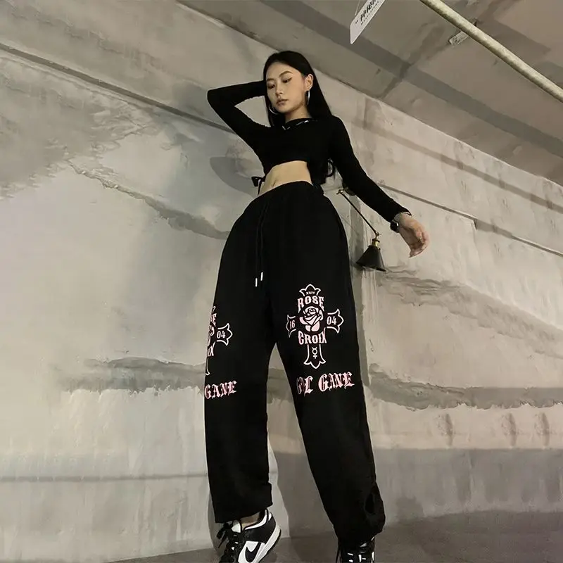 Hip Hop Vintage Women Black Sweatpants Korean Spring Autumn New Streetwear Fashion Printing High Waist Sports Casual Trousers