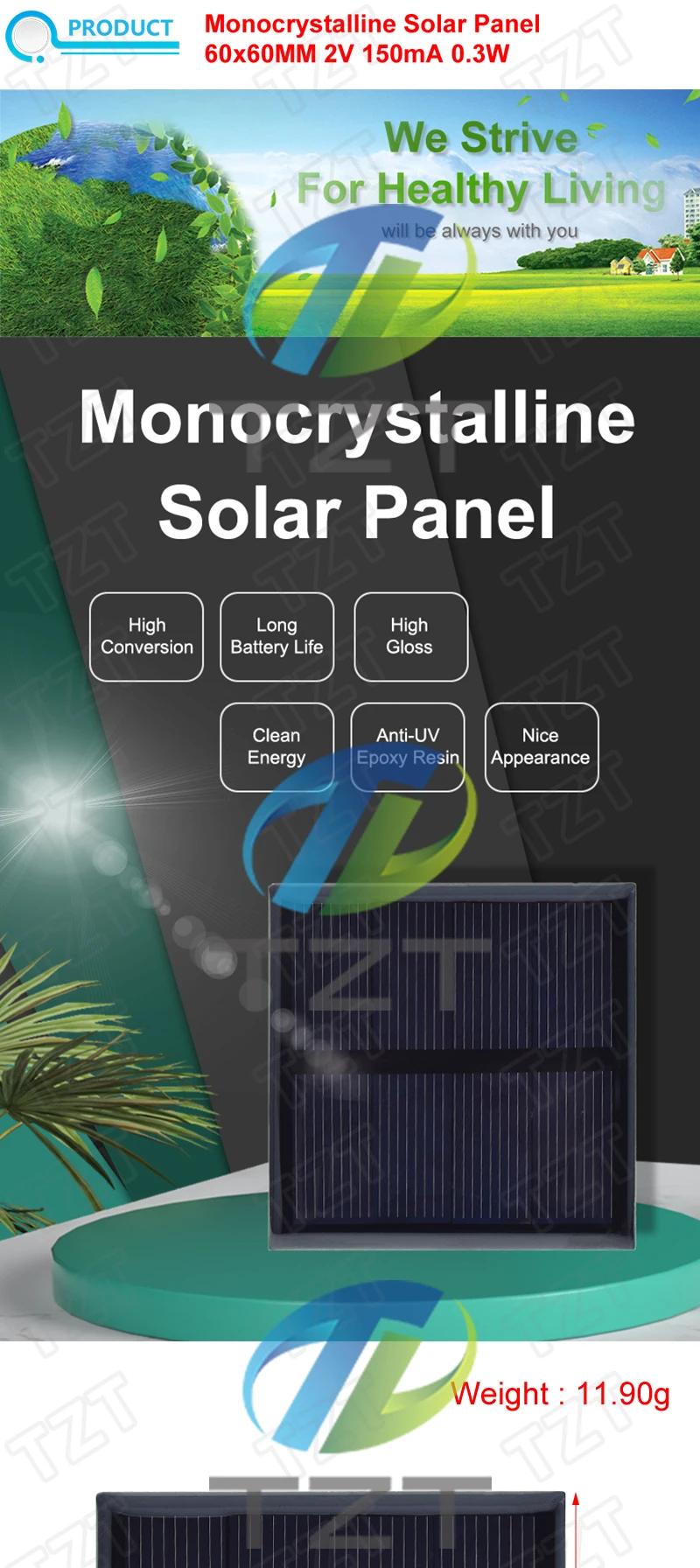 Description Picture 2 of itemTZT Solar Cell 2V 150mA 0.3W 60*60MM Solar System DIY For Battery Cell Phone Charge Polycrystalline Solar Panel