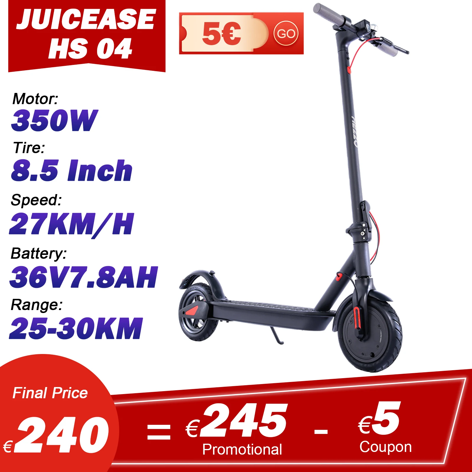 Juicease Scooter Elettrico Adulti Monopattino Elettrico Escooter 20Km 350W Motore 7.8Ah Batteria 8.5 Pollici Pneumatico Solido 27 Km/H Ciclomotore