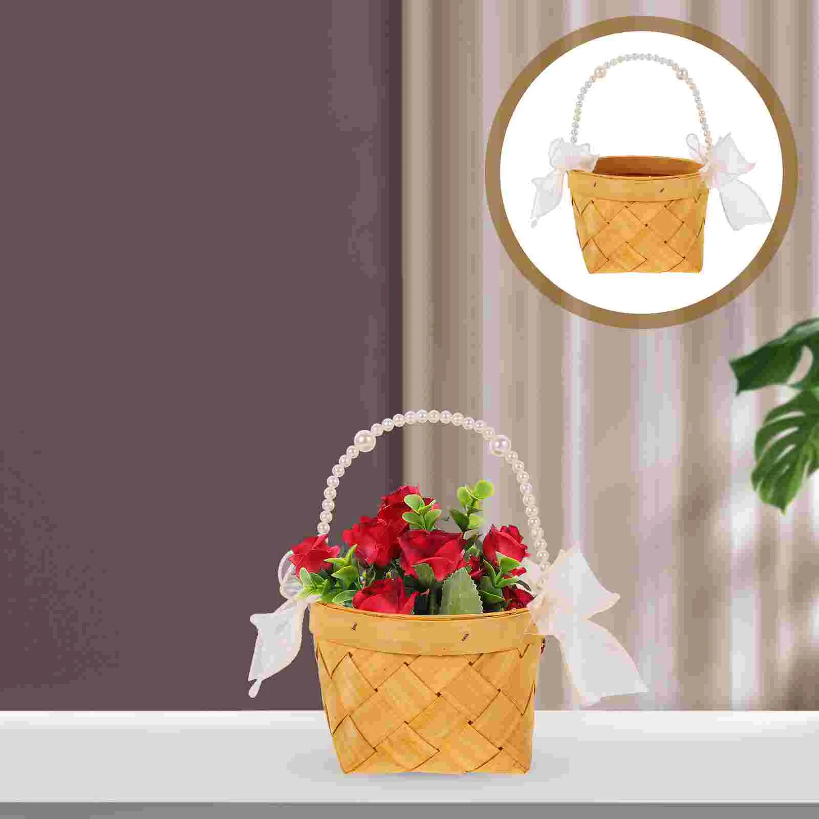 

Flower Girl Basket with Pearl Handle Gift Cookie Basket Woven Wedding Candy Bin