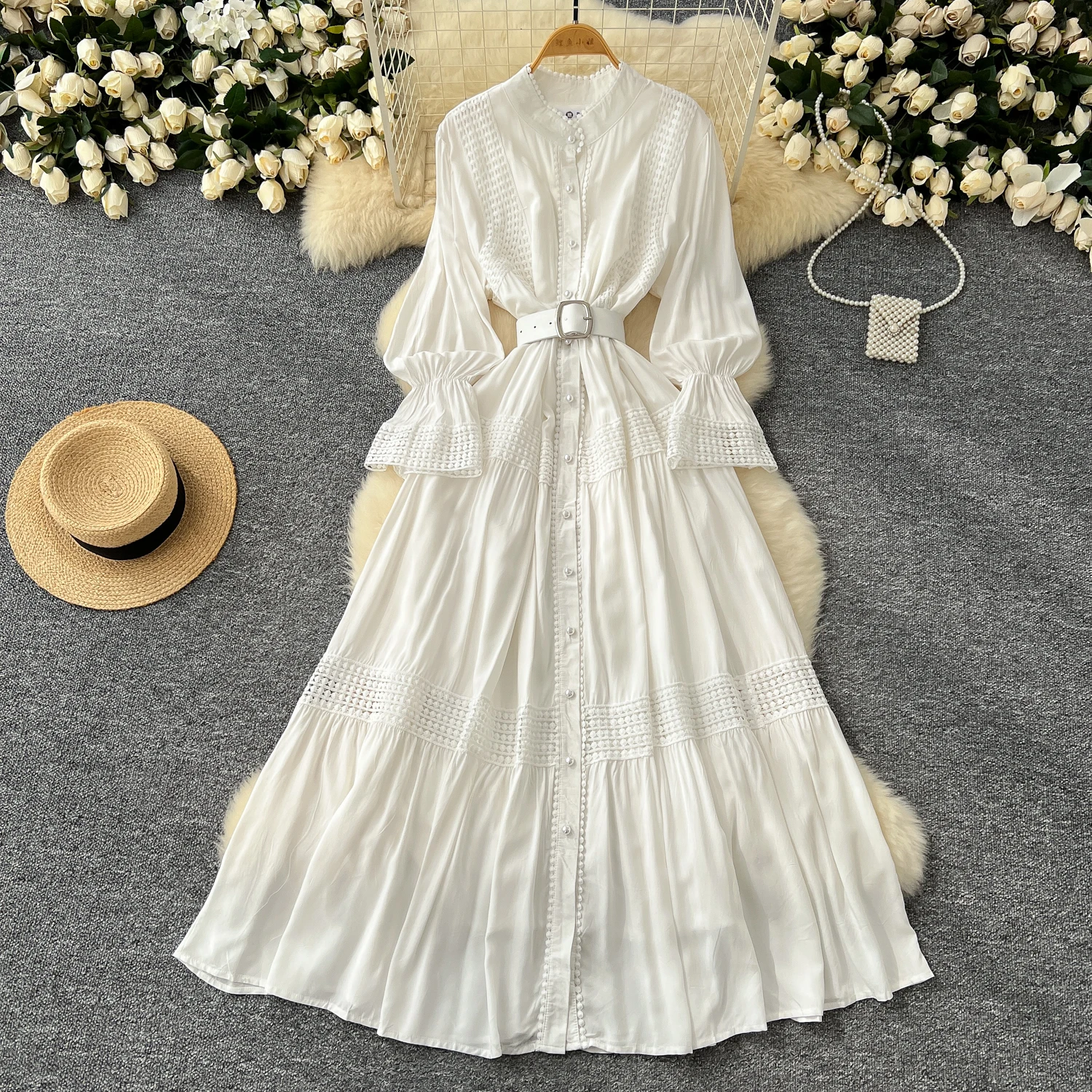 Chic Lace Slim Stand Collar Long Sleeve Spliced Single Breasted Dress High Street Vintage Evening Women Autumn Winter Clothing