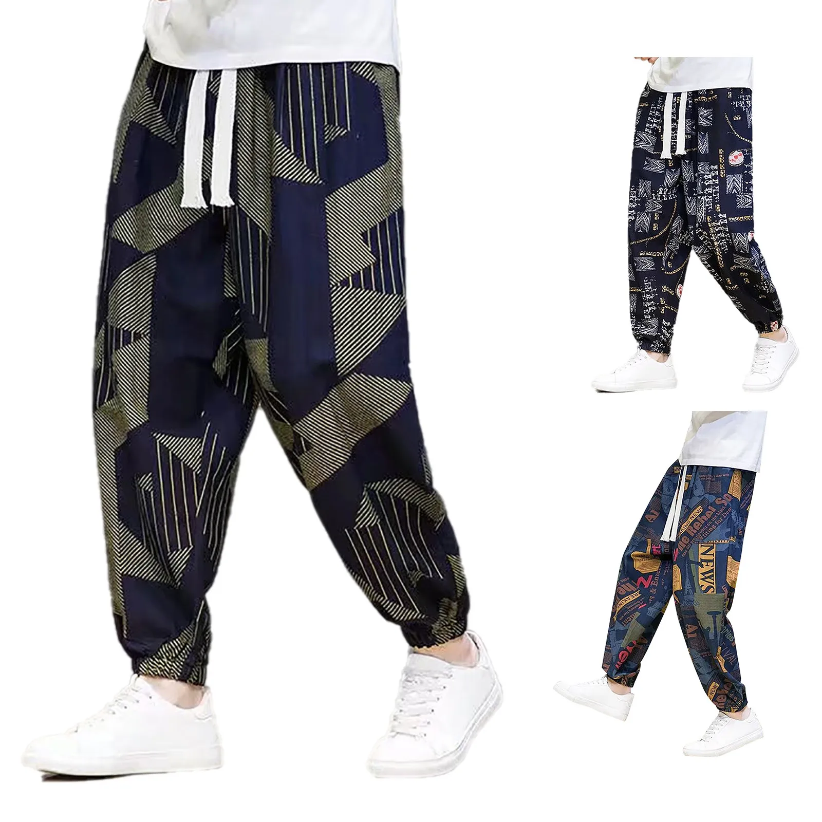 2023 New Men'S Casual Printed Jogging Pants Polyester Cotton Elastic Waist Drawstring Pocket Male Fashion Streetwear Pants