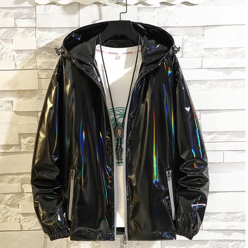 #4201 Black Sliver Shinny Jacket Men Bomber Jacket Korean Style Hip Hop Jacket Slim Men Jackets And Coats Streetwear Hooded Coat 2