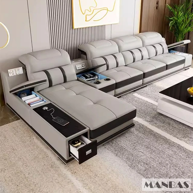 Soggiorno moderno in vera pelle di MANBAS: elegante divano italiano con altoparlante Bluetooth, USB e poggiatesta regolabili 5