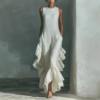 Retro Solid Sleeveless Long Dress Women 2026 Fashion O Neck Loose Maxi Dress Summer Ruffle Hem Tank Boho Beach Dress Sundress 1