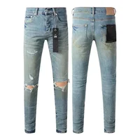 2024 Purples Jeans Men denim pants distressed slim fitting paint brands Fashion  Repair Low Rise Skinny Denim pants 1