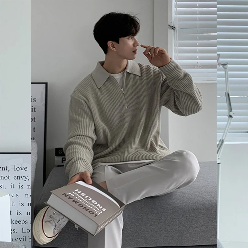 Autumn Winter Fashion Solid Harajuku Sweater Men All Match Tops Casual Loose Knitwear Long Sleeve Pullover Zipper Male Clothes