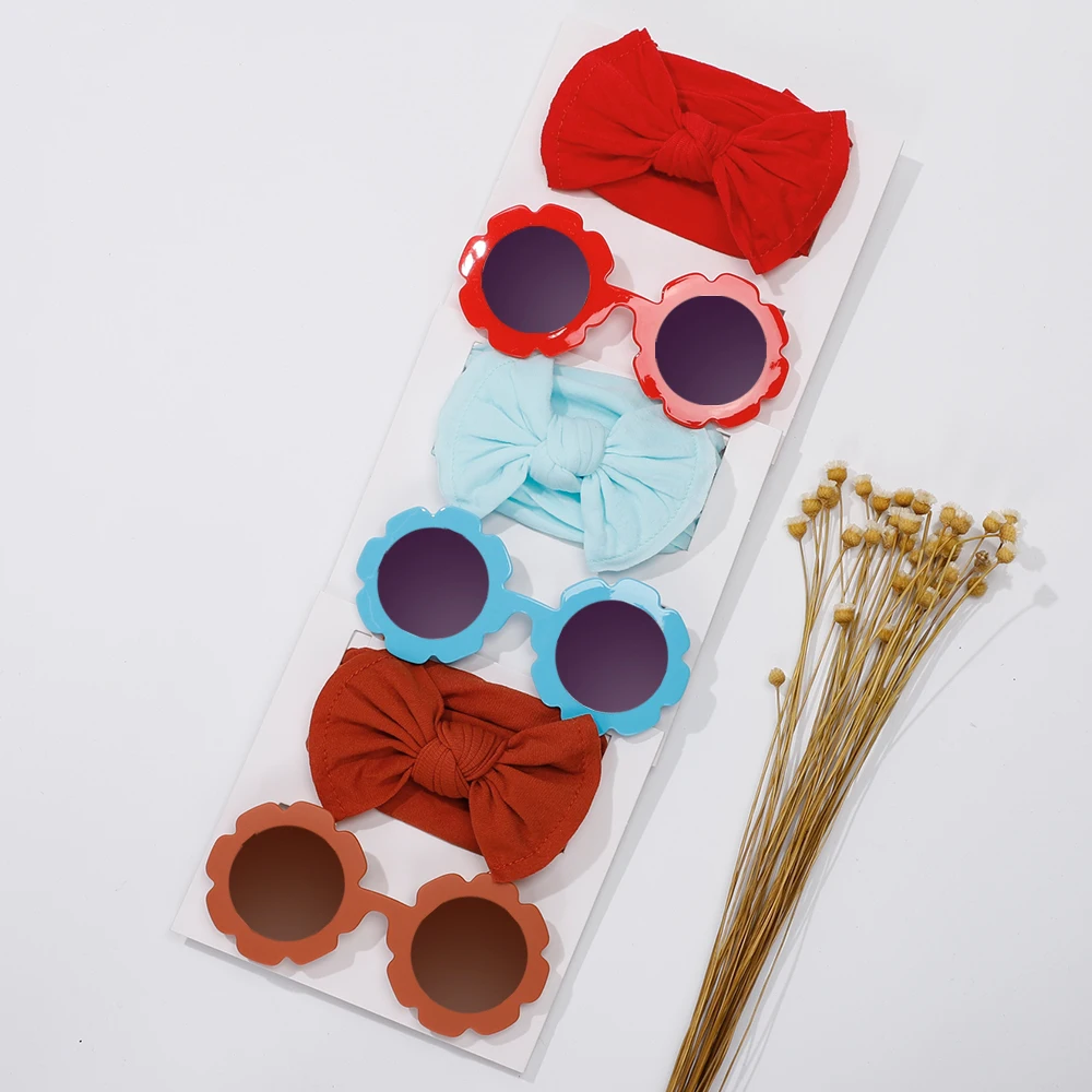 2Pcs/Set Sunflower Sunglasses And Nylon Elastic Fashion Headband Sets For Baby Girls Headwear Children Hair Accessories