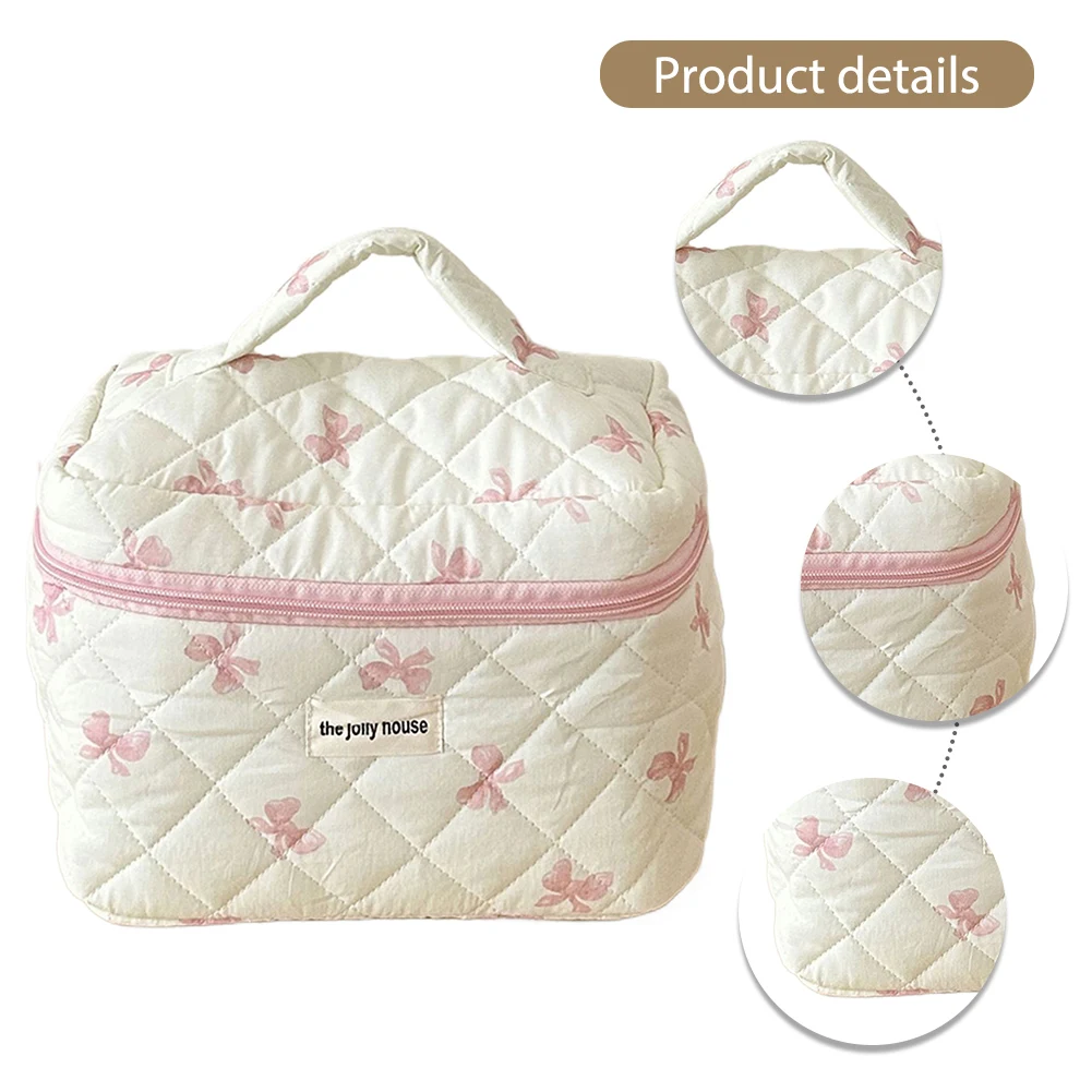 Makeup Organizer Cosmetic Bag Cosmetic Storage Bag Toiletry Bag Makeup Bag Cosmetic Case Cute Bow Travel Makeup Pouch with Zipper Toiletry Bag Cotton Quilted Makeup Organizer Storage Bag for Women Girls