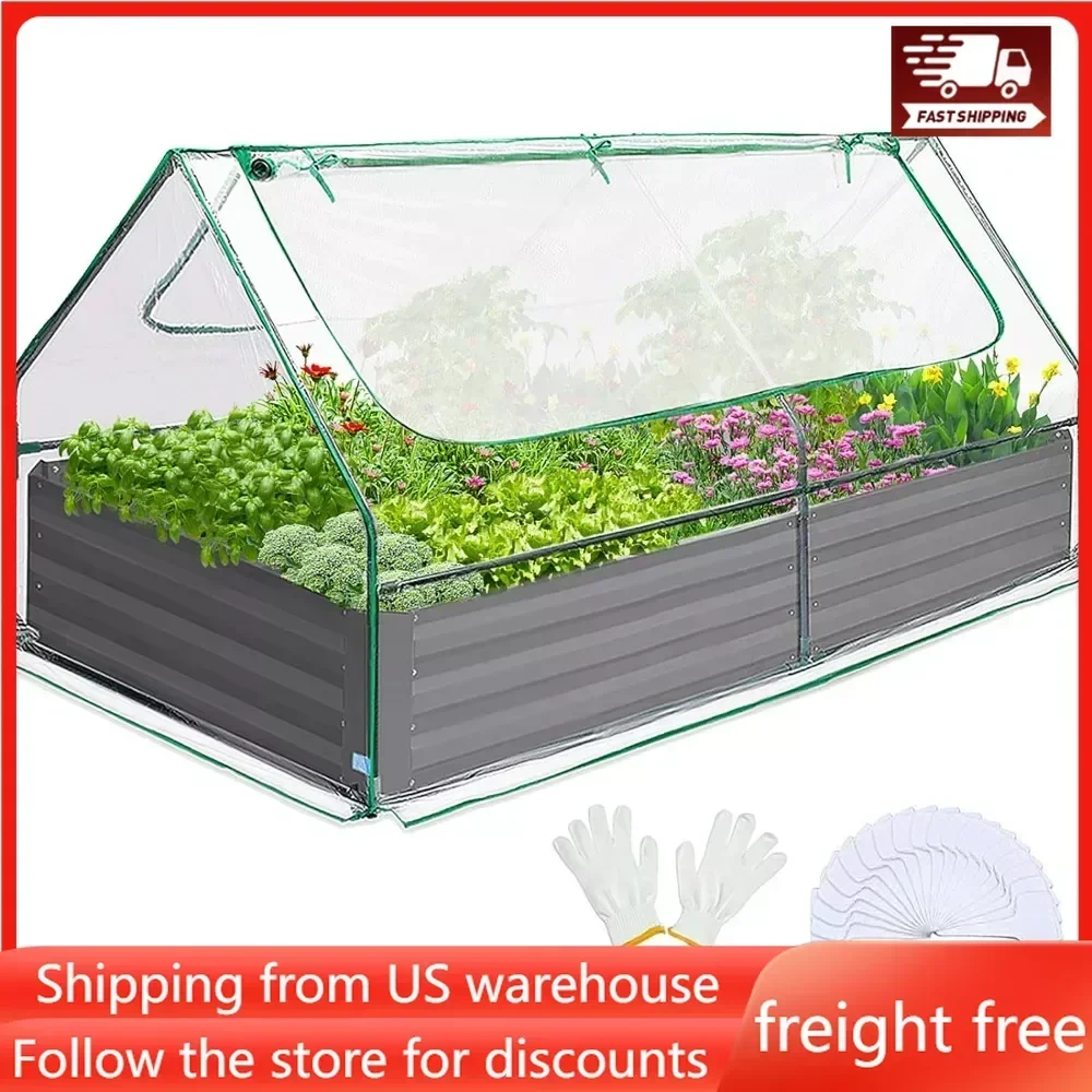 

6x3x1ft Galvanized Raised Garden Bed with Cover Metal Planter Box Kit, w/ 2 Large Screen Windows Mini Greenhouse 20pcs T Tags