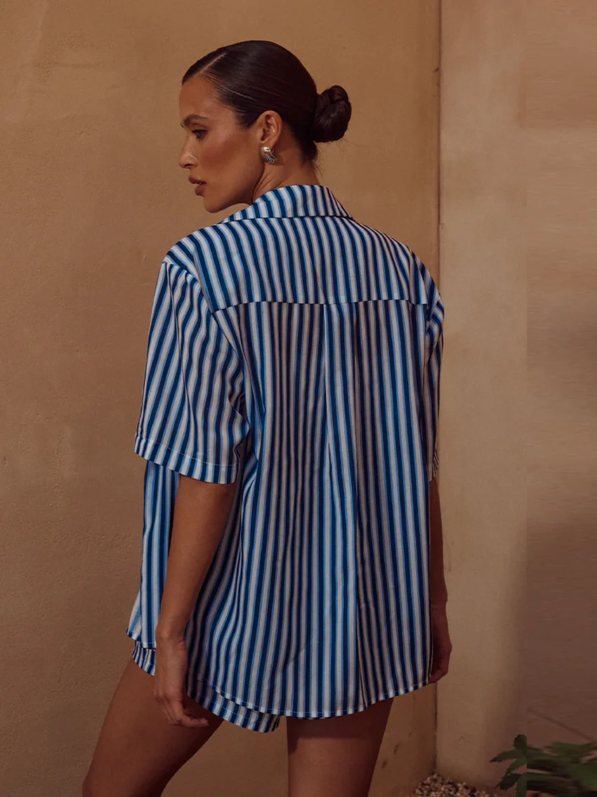 Marthaqiqi Striped Ladies Pajama 2 Piece Suit Half Sleeve Nightgown Turn-Down Collar Nightwear Shorts Casual Home Clothes Female