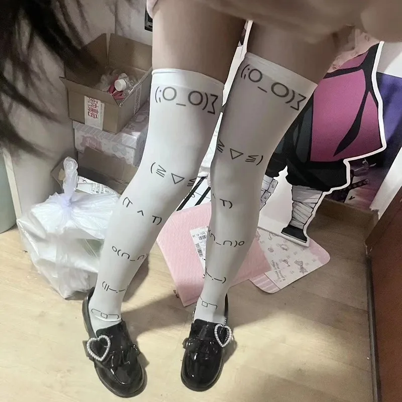 White Graffiti Letter Print Long Socks Harajuku Over Knee Thigh High Stockings Y2K Cosplay Cute Socks Kawaii