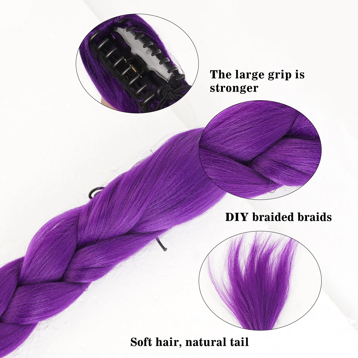 Braided synthetic purple ponytail wig fake ponytail hair extension wig sandwiched at the end of a woman's hair