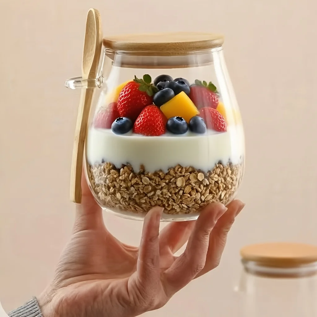350ml glass jar with bamboo lid showing size and capacity