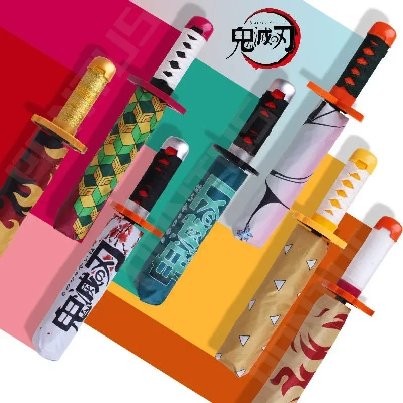 3-folding Demon Slayer Umbrella Kimetsu No Yaiba Tanjirou Katana Umbrella Kokushibo Anime Rain Gear Life Supply Home Accessories