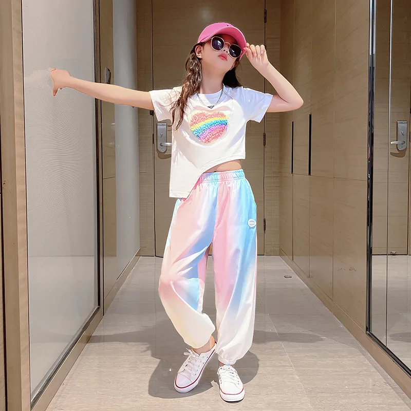 

Summer Clothing for Girl Korean Casual Sets Love Print Irregular Design Pullover + Gradient Pant 2pcs Streetwear Outfit for Teen