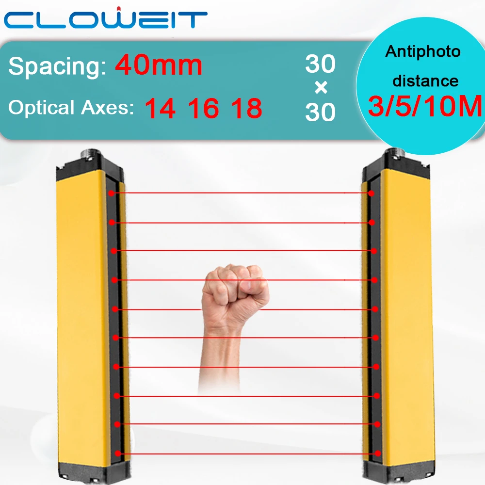 Sensor de Cortina de Luz de Segurança Cloweit Dispositivo de Proteção Saída de Relé 1416 Feixes 40 mm m m 10m Npn Dc24v Aps30