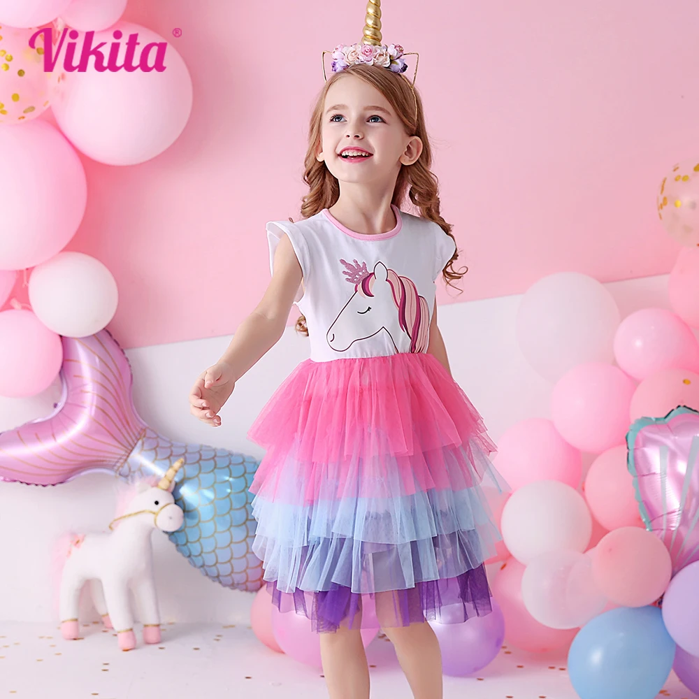 

VIKITA Girls Tutu Dress Kids Licorne Print Summer Vestidos Girls Flare Sleeve Patchwork Mesh Layered Cake Princess Party Dress