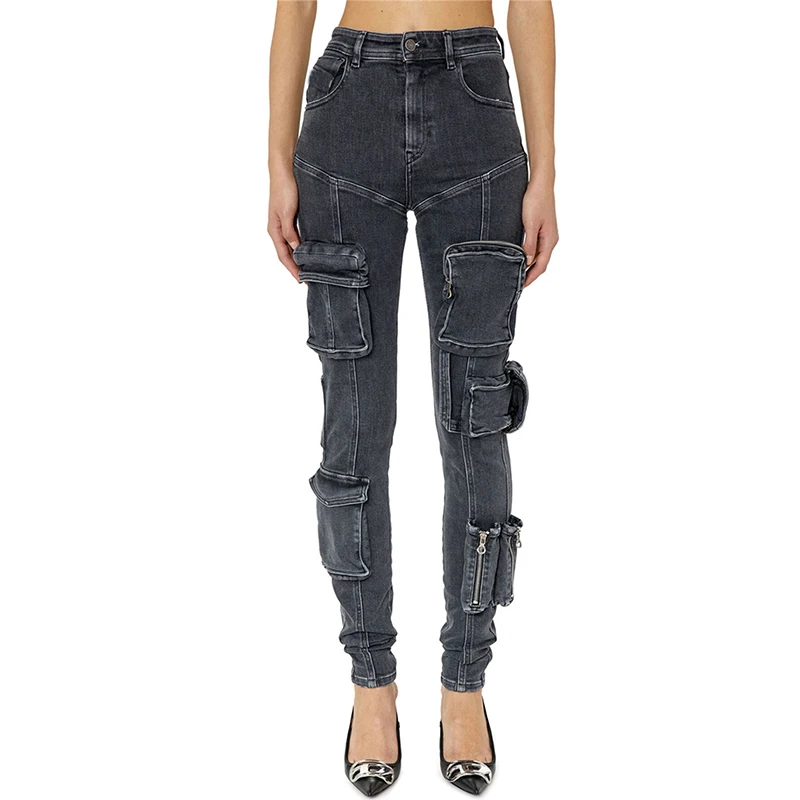 

High Waist Skinny Pencil Jeans Women Designer High Stretch Pockets Safari Style Cargo Jeans 2023