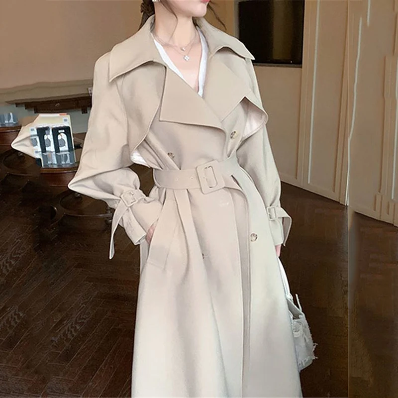 

Korea Loose Double-Breasted Long Trench Coat Women's Duster Belt luxury Jacket Windbreaker Lady Street Outerwear Spring Clothes