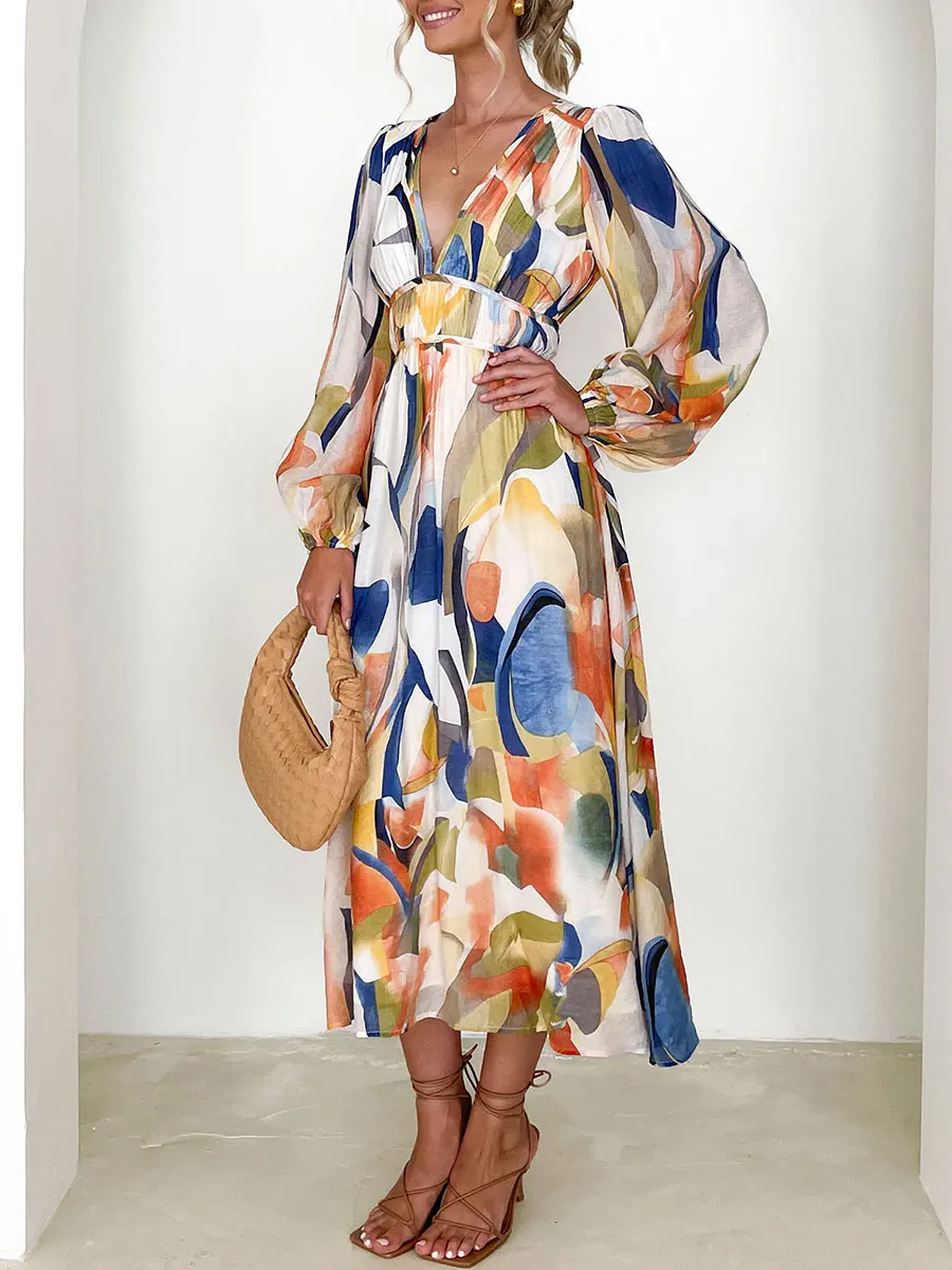 

Women s Floral Print Long Dress V-Neck Maxi Dress Flowy Ruffle Boho Smocked Dresses Bohemian Summer Beachwear
