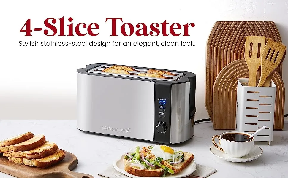 Elite Gourmet 4 Slice Toaster ECT-3100# Long Slot, Reheat, 6 Toast  Settings, Defrost