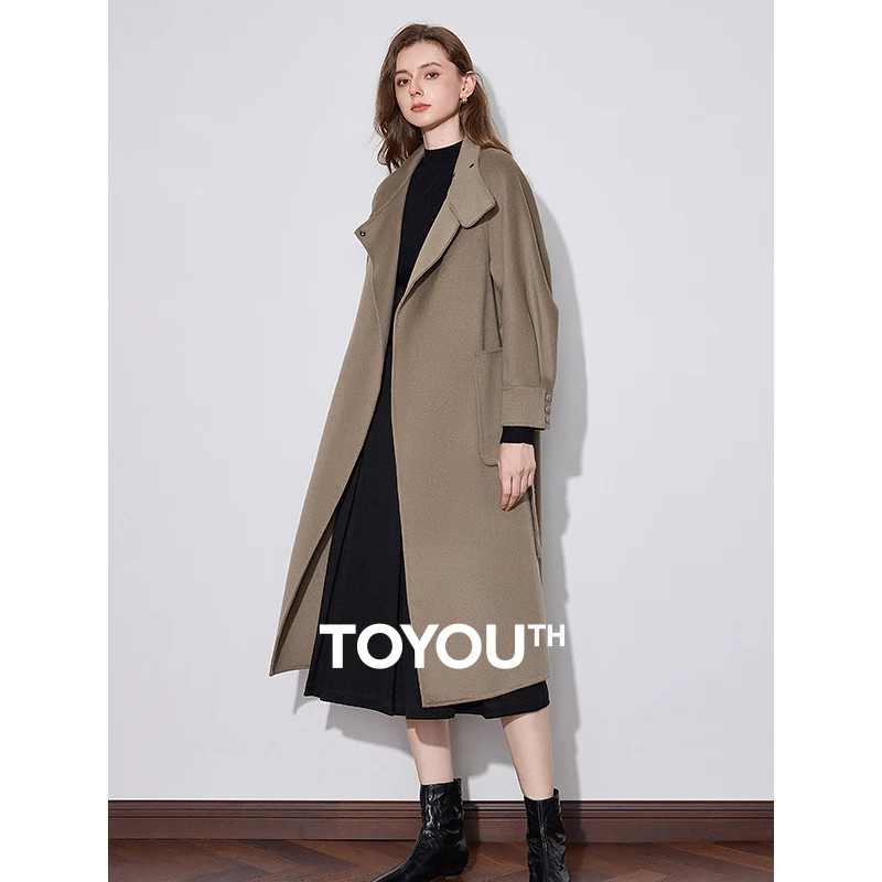 TOYOUTH Women Double-sided Woolen Long Coat Autumn and Winter New Stand Collar Casual Woolen Cashmere Jacket Coat
