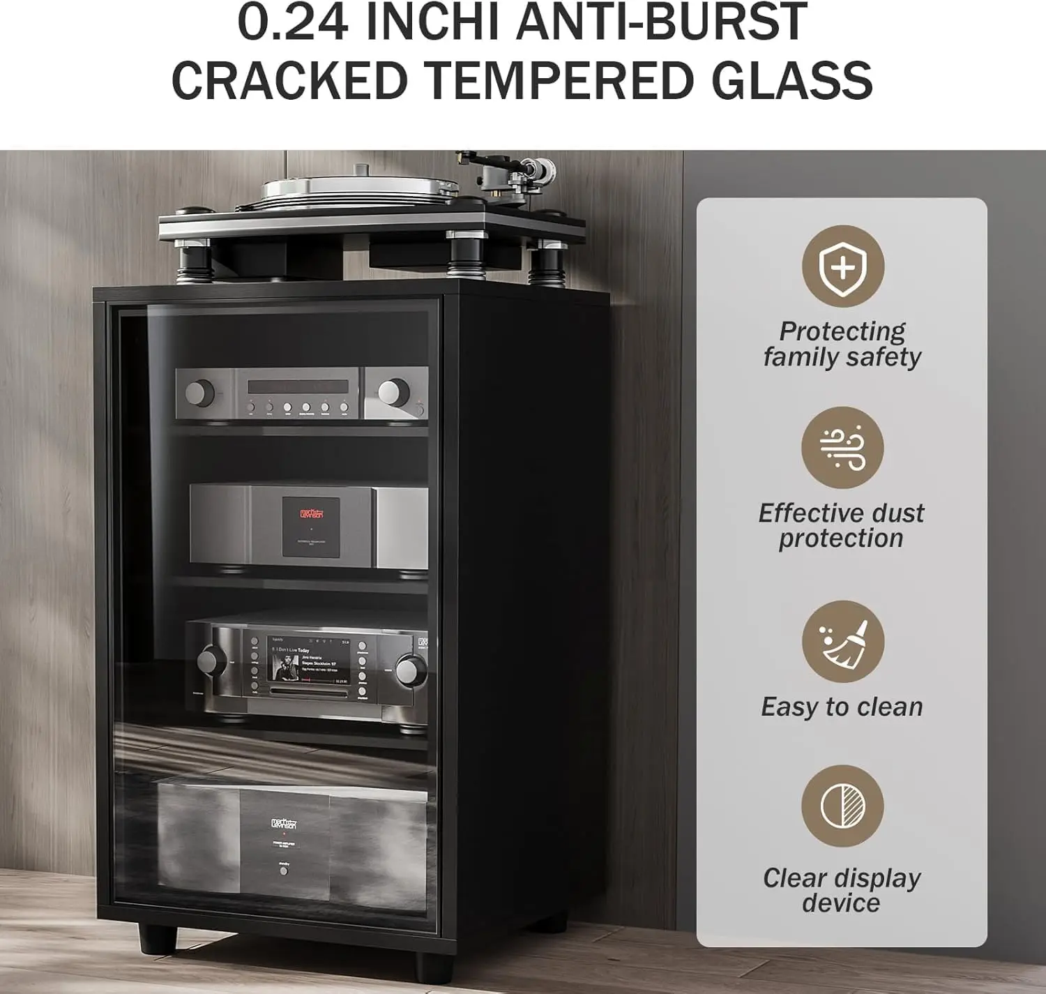 Media Storage Cabinet with Tempered Glass Door, 3 Adjustable Shelves Stereo Cabinet with Cable Management, AV Rack