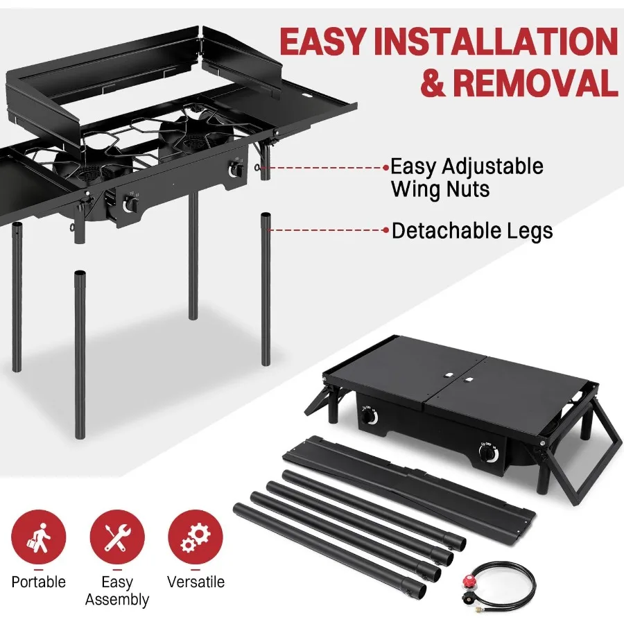 2 Burner Propane Camp Stove with 150000 BTU High-Performance Gas Burners Side Shelves for Extra Storage Built-in Windscreen for
