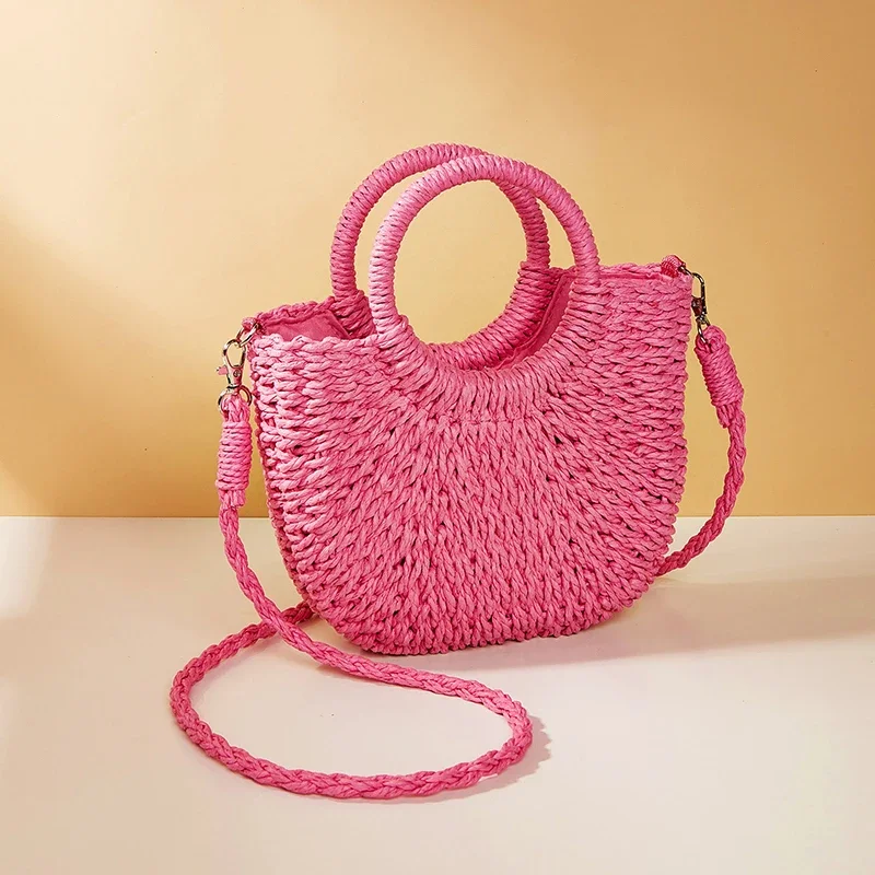 Summer Handmade Bags for Women Beach Weaving Ladies Straw Bag Wrapped Beach Bag Moon shaped Top Handle Handbags Totes