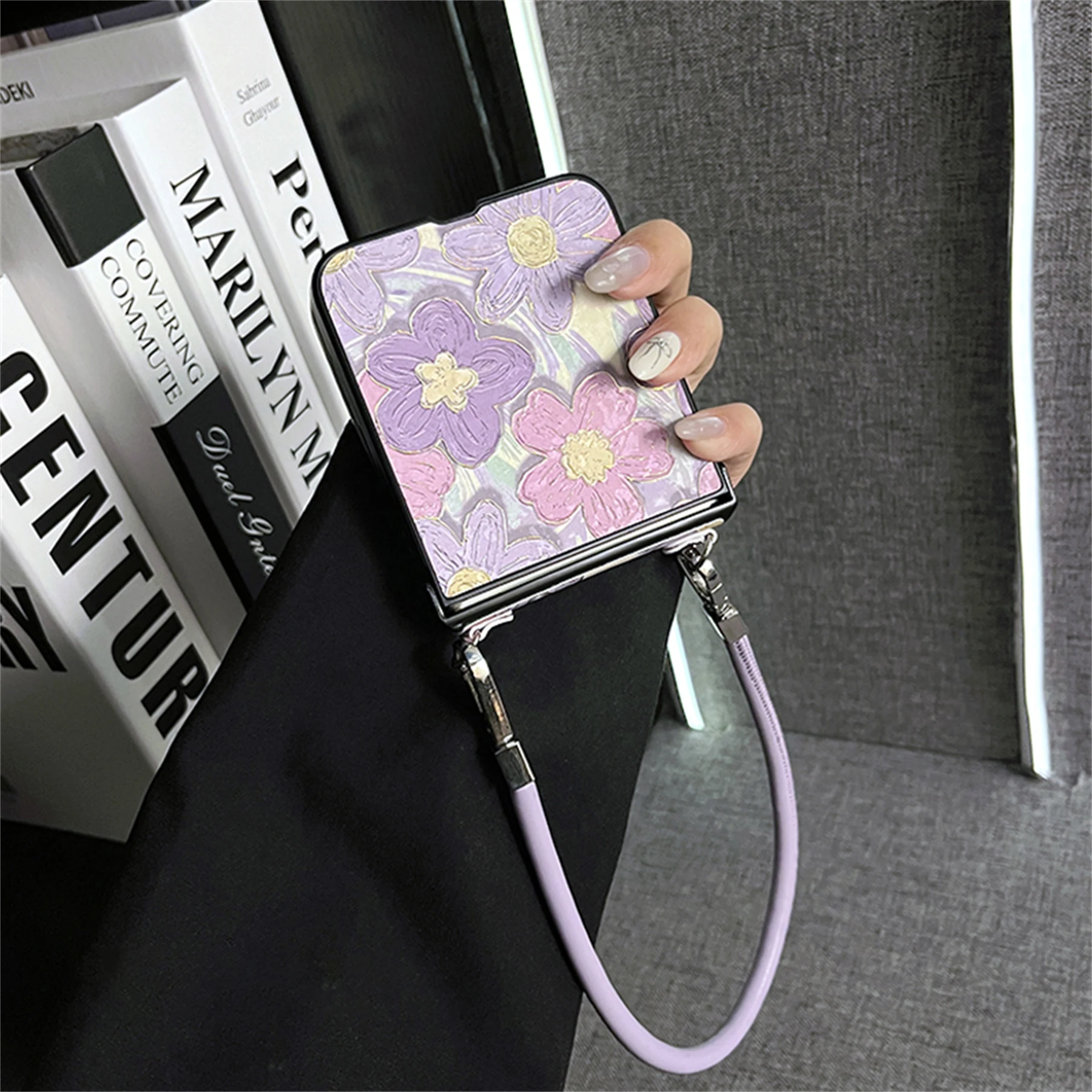 Luxury Oil Painting Purple Flowers Case With Matching Leather Bracelet - Elegant Back Cover