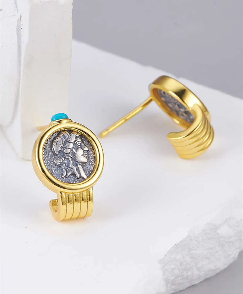 Silver Two Tone Double Sided Relief Portrait Stud Earrings