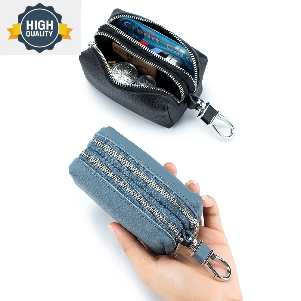 

Made Genuine of Leather Car Key Wallets Fashion Holder Housekeeper s Organizer Double Zipper chain Case Coin Pouch
