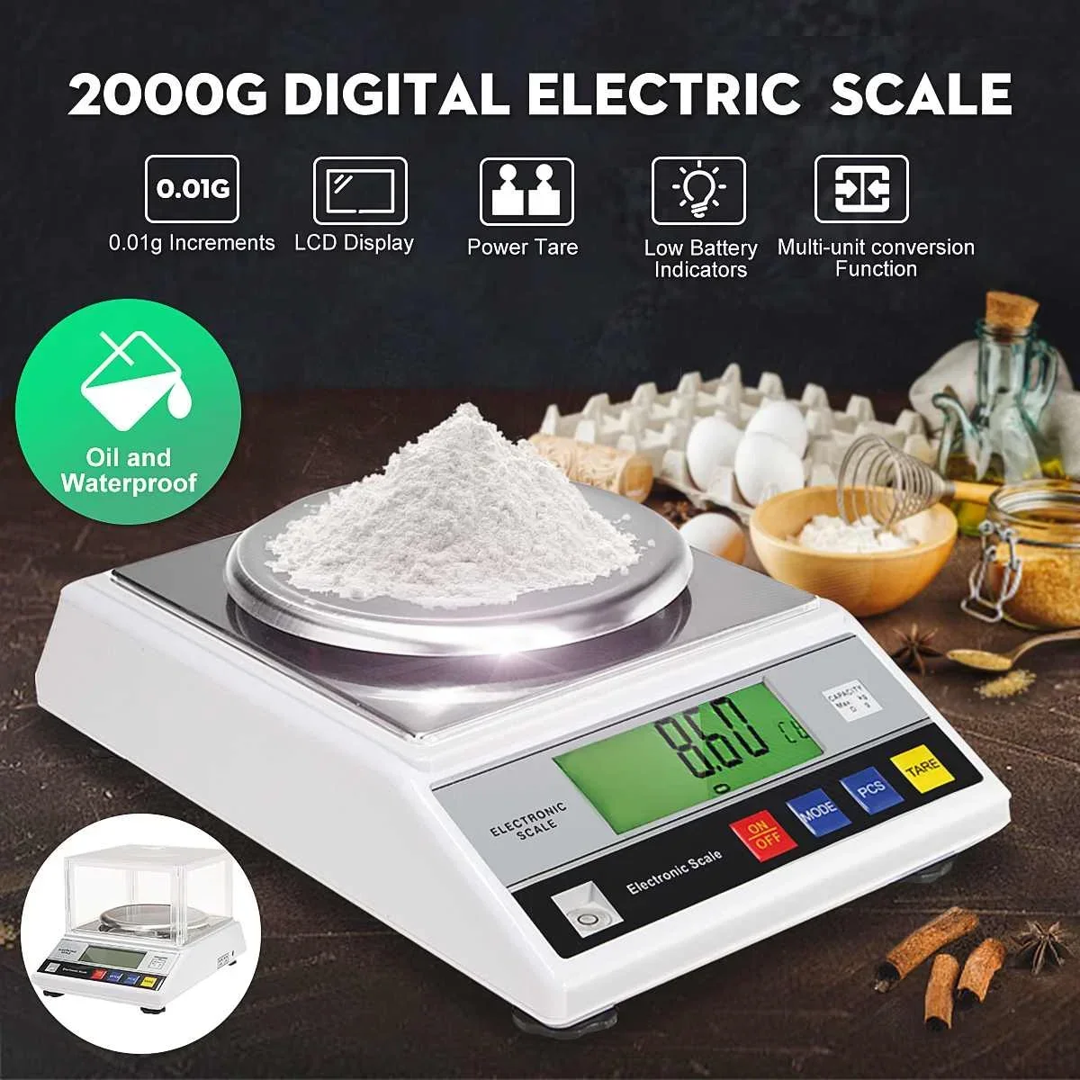 

2000g/0.01g Electronic Digital Scale Precision Backlight LCD Display LB Gram Food Kitchen Weight Balance Tray High Accuracy 2kg