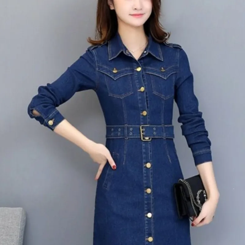 

Women's Spring Autumn Fashion Solid Color Polo Neck Button Belt Casual Long Sleeve Slim Fit Mid Length Wrapped Hip Denim Dress