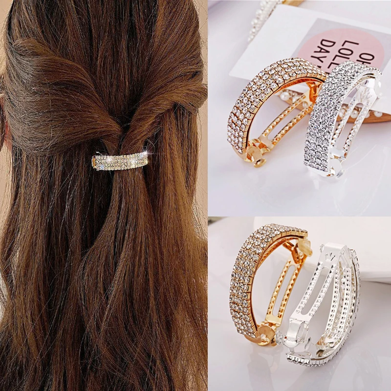 Fashion Shiny Crystal Spring Hair Clip For Women Golden Silver Hair Barrettes Metal Full Rhinestone Ponytail Holder Girl Hairpin cloth hair accessory headwear headdress rhinestone korean style girl bun cover snood ponytail holder women hair net spring clip