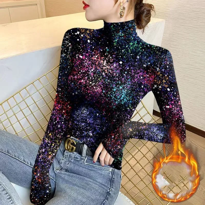 

Female Trendy Vintage Turtleneck Printed Fashion T-shirt Casual Winter Long Sleeve Slim Pullover Tops Women's Clothing ZL161