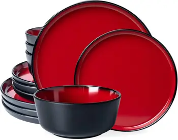 Melamine 12-Piece Red & Black Set 1