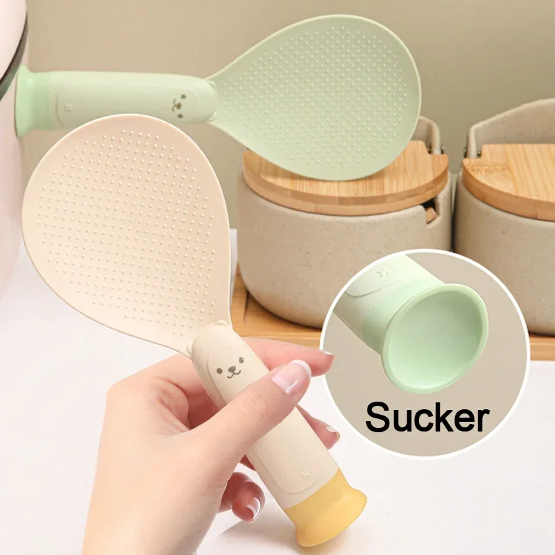 Suction Cup silicone cooking spoon plastic rice spoon cooking scoop Rice Spoon Can Stand Upright Non-stick Rice Cooker Scoop High Temperature Resistance Tableware Kitchen Storage Tools