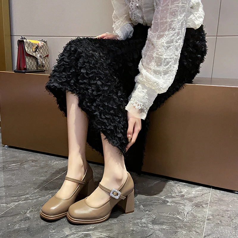 2024 NEW Spring Women Mary Jane Shoes Ladies Fashion Shallow Crystal Buckle Thick High Heel Women's Elegant Dress Pumps Shoes
