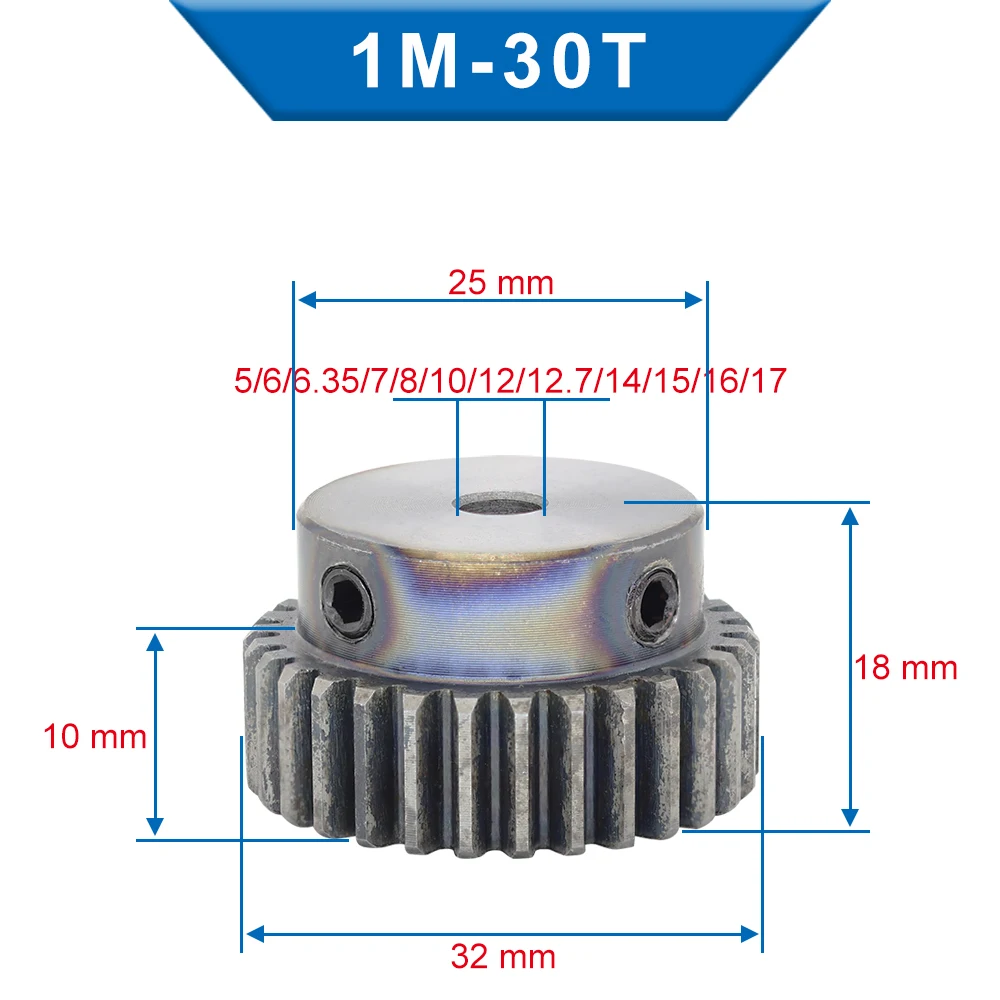 1 Piece 1M30T Spur Gear Bore 5/6/6.35/7/8/10 /12/12.7/14/15/16/17mm motor gear Low Carbon Steel Material