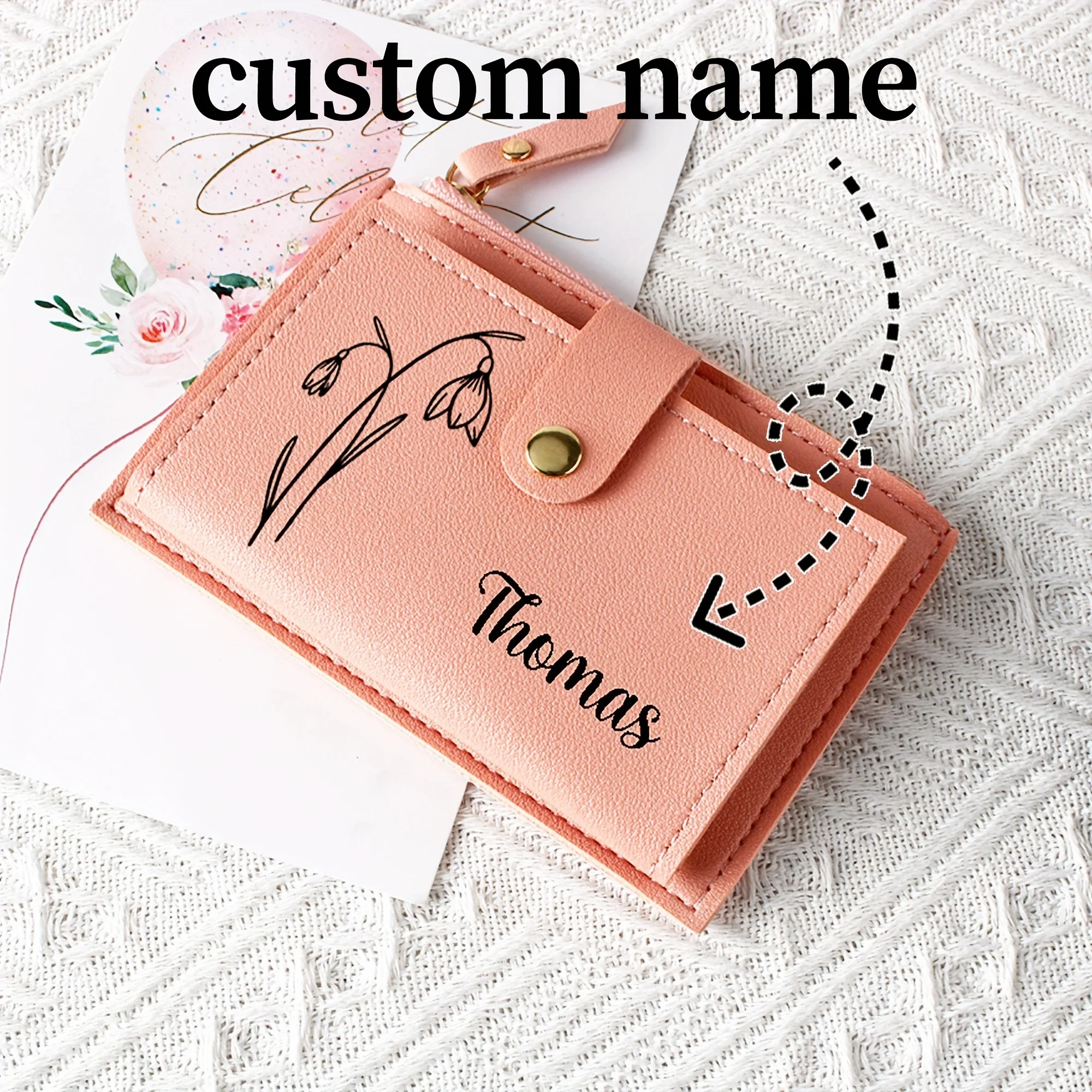 Personalisierte Damen-Geldbörsen aus PU-Leder mit individuellem Geburtsblumen-Design, Mini-Kartenetui, Münzfach, kurze Geldbörse mit Reißverschluss und Schnappverschluss – Detail 8